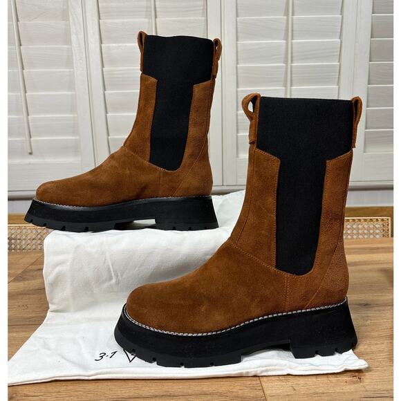 3.1 Phillip Lim Kate Lug Sole Mid Calf Combat Boot Saddle Brown Suede Sz. 10 NIB - Picture 3 of 15